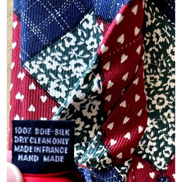 Patchwork silk tie  Faconnable  Blue Red Green Plaid Woven Made in France Hearts - Picture 2 of 5